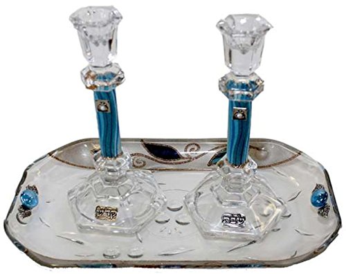 Ultimate Judaica Candle Stick With Tray Large Applique - Ocean Blue With Tulip - Crystal  - Tray 10  W X 5  L -  Candlesticks  - 75  H